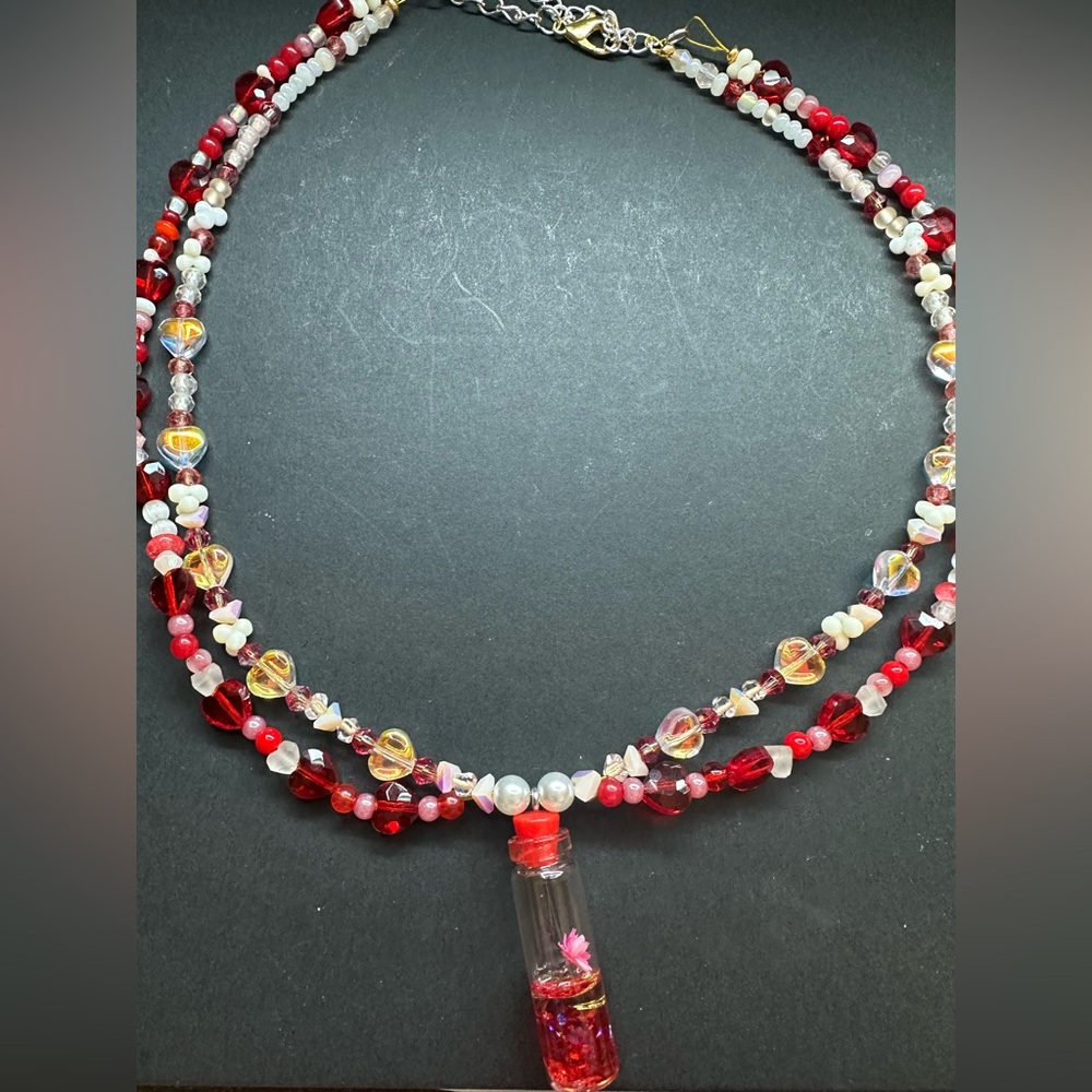 Hand Crafted Red and White Beaded Necklace with Pendant